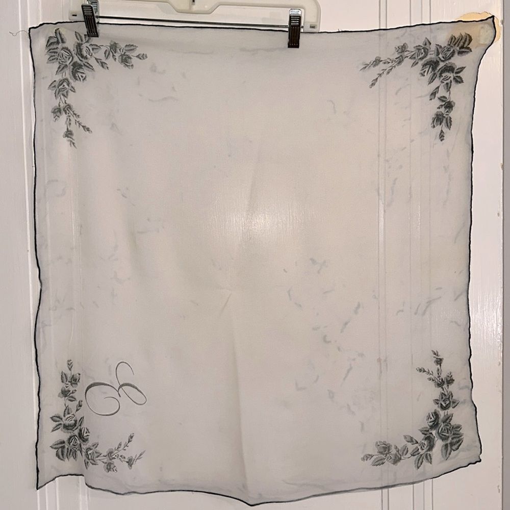Vintage 60s large white semi sheer‎ polyester chiffon scarf/black flowers & “E”